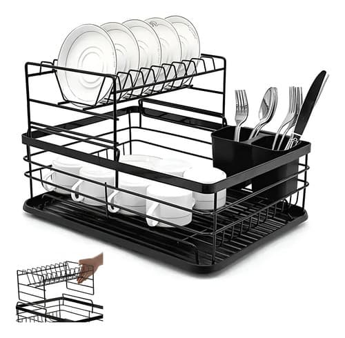 Escorredor Louça Preto Aço Epóxi Porta Talheres Preto - 1